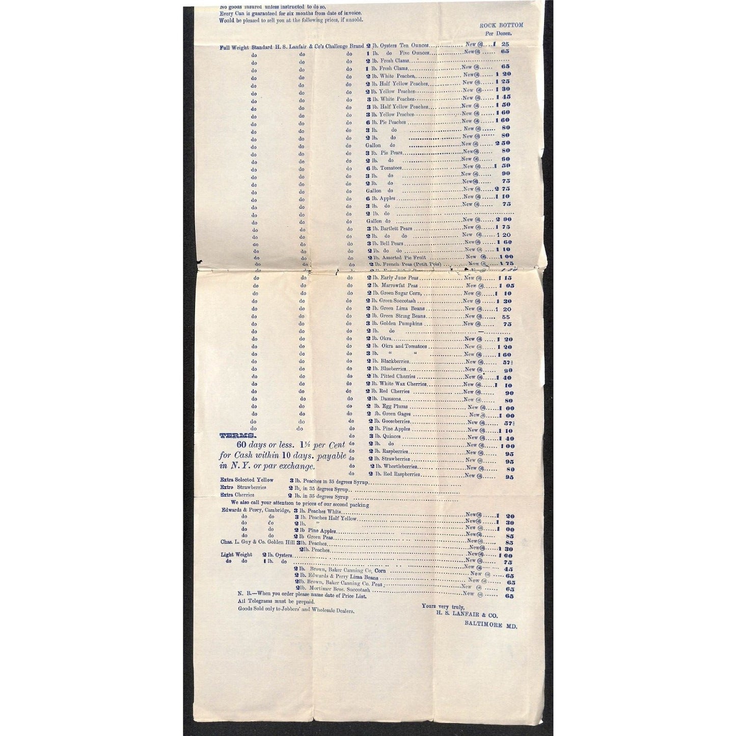 H.S. Lanfair & Co Baltimore Oyster & Fruit Packers 1886 Whsle Price Sheet Scarce