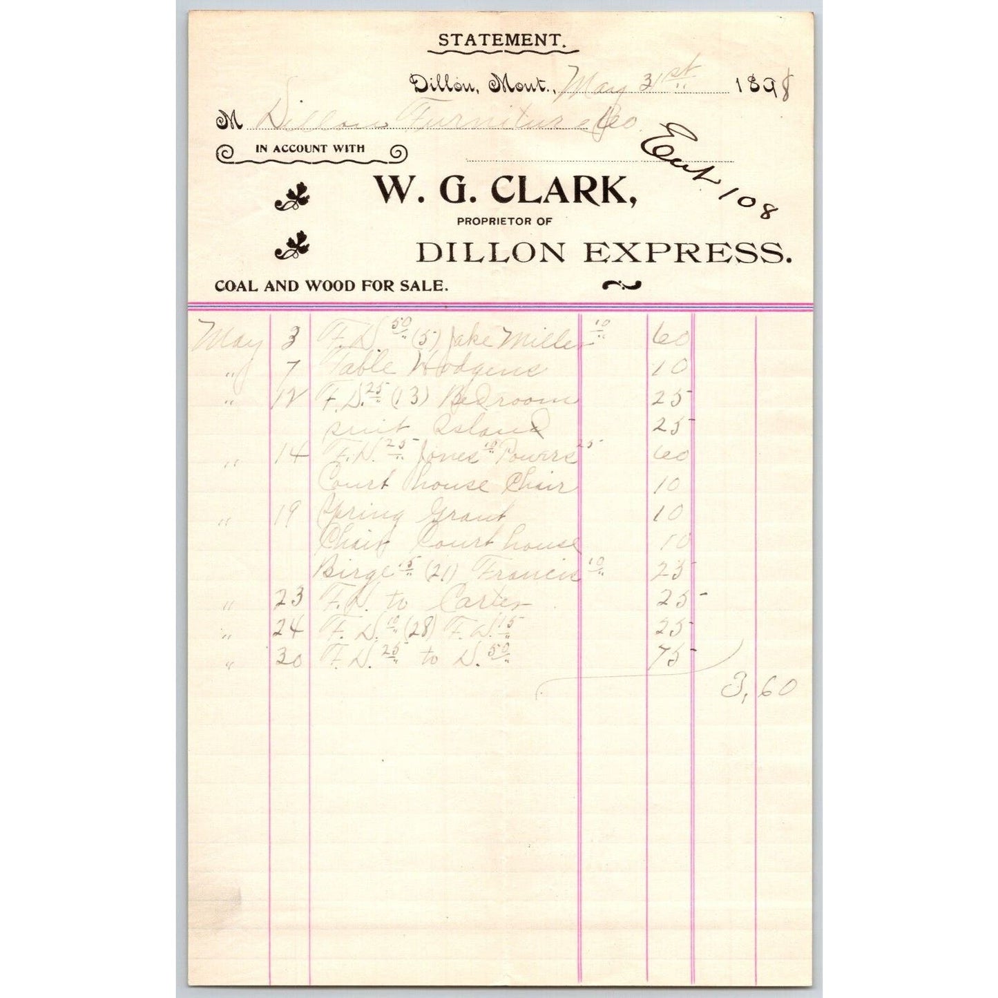 Dillon, MT W.G. Clark Dillon Express Expressman Coal & Wood Jan 1898 Billhead
