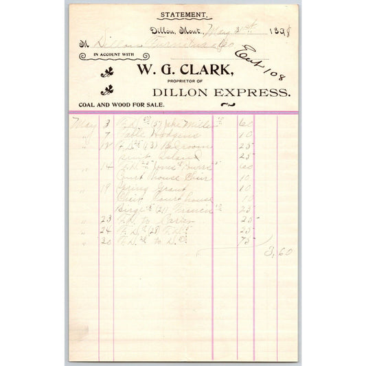 Dillon, MT W.G. Clark Dillon Express Expressman Coal & Wood Jan 1898 Billhead