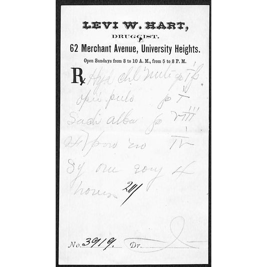 Levi W. Hart Druggist University Heights c1870's? Prescription #3919
