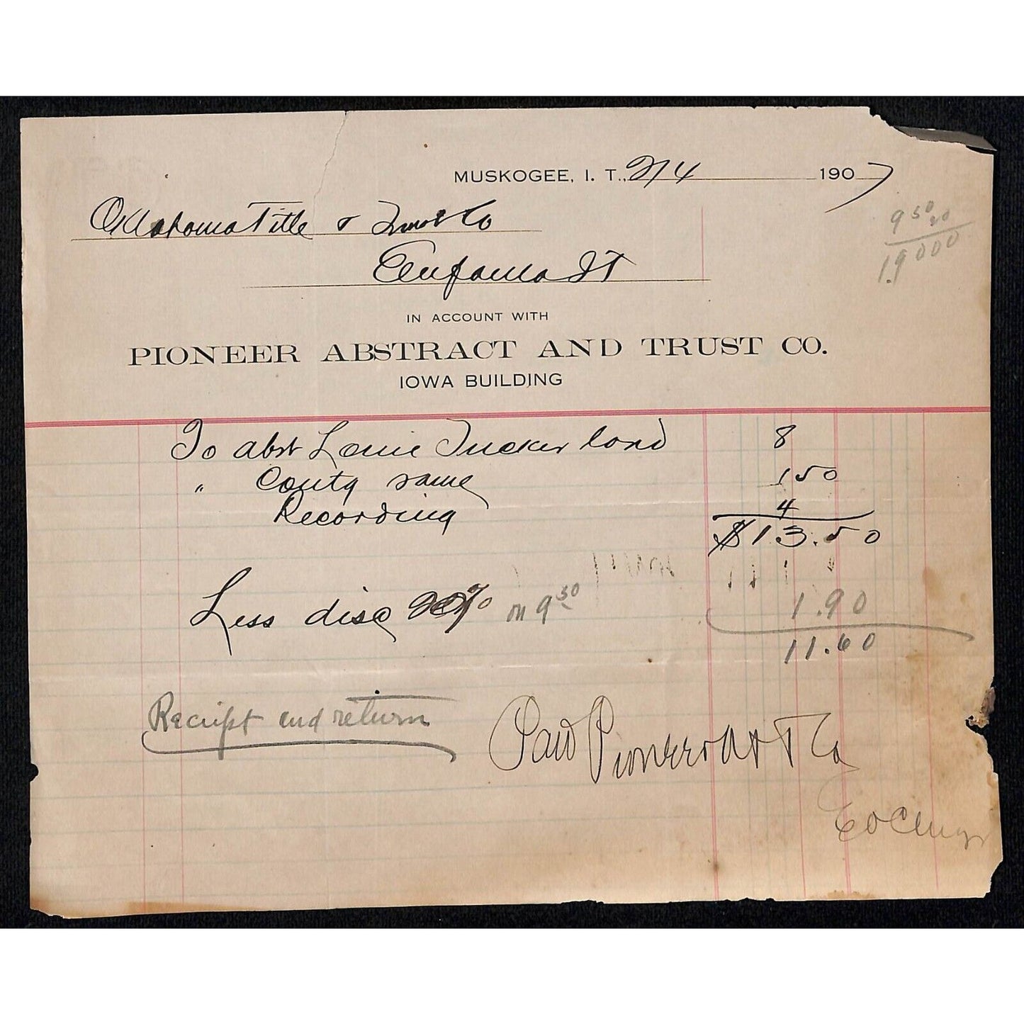 1907 Pioneer Abstract and Trust Indian Territory Muskogee, OK Billhead