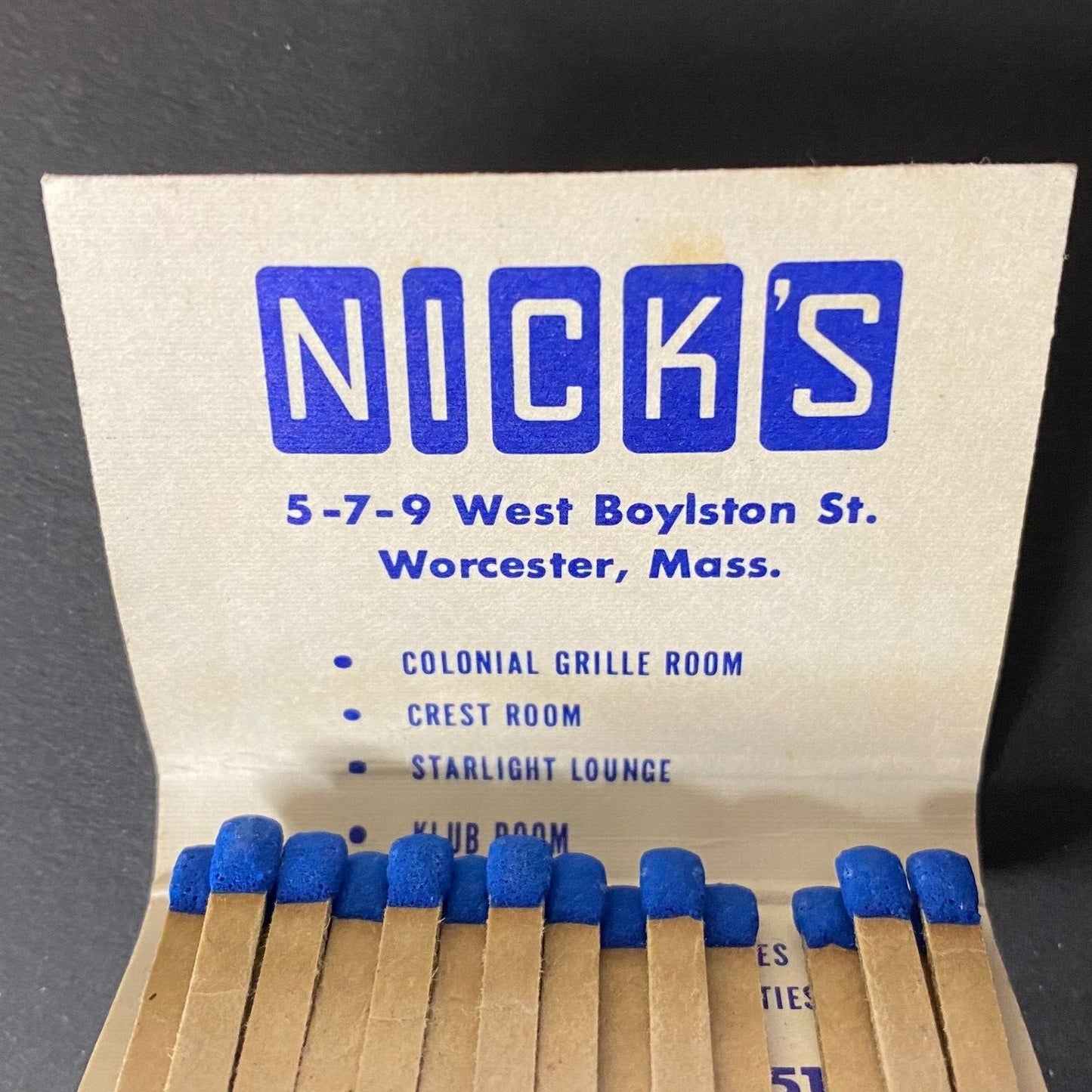 Nick's Colonial Grille Worcester, MA Full Matchbook Mike Coris VGC c1960's -74