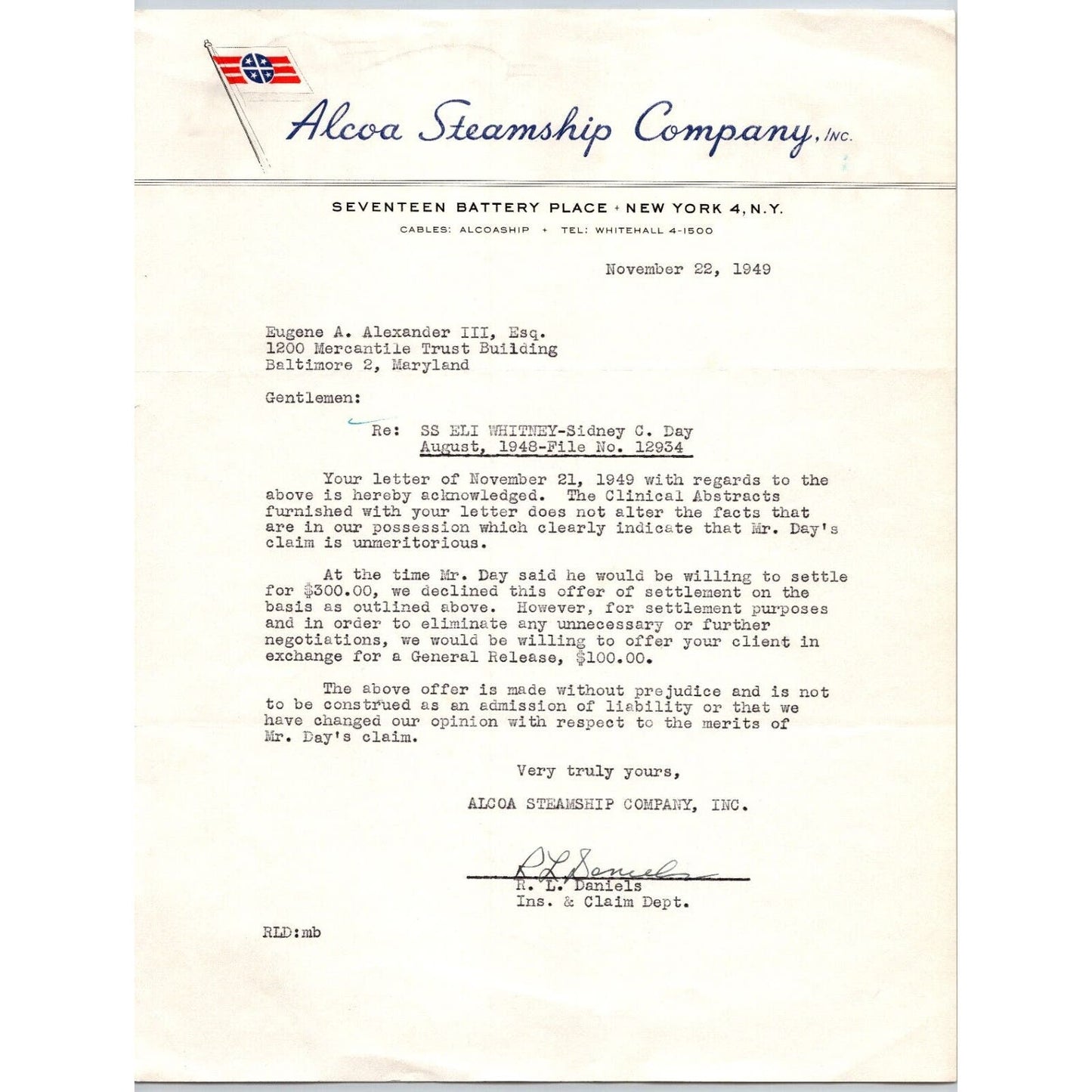 Alcoa Steamship Company 1949 TLS Letterhead re: $300 Claim