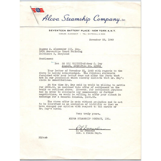 Alcoa Steamship Company 1949 TLS Letterhead re: $300 Claim