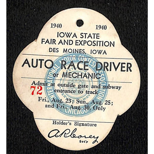 1940 Iowa State Fair Auto Race Driver or Mechanic Ticket / Pass #72 Scarce