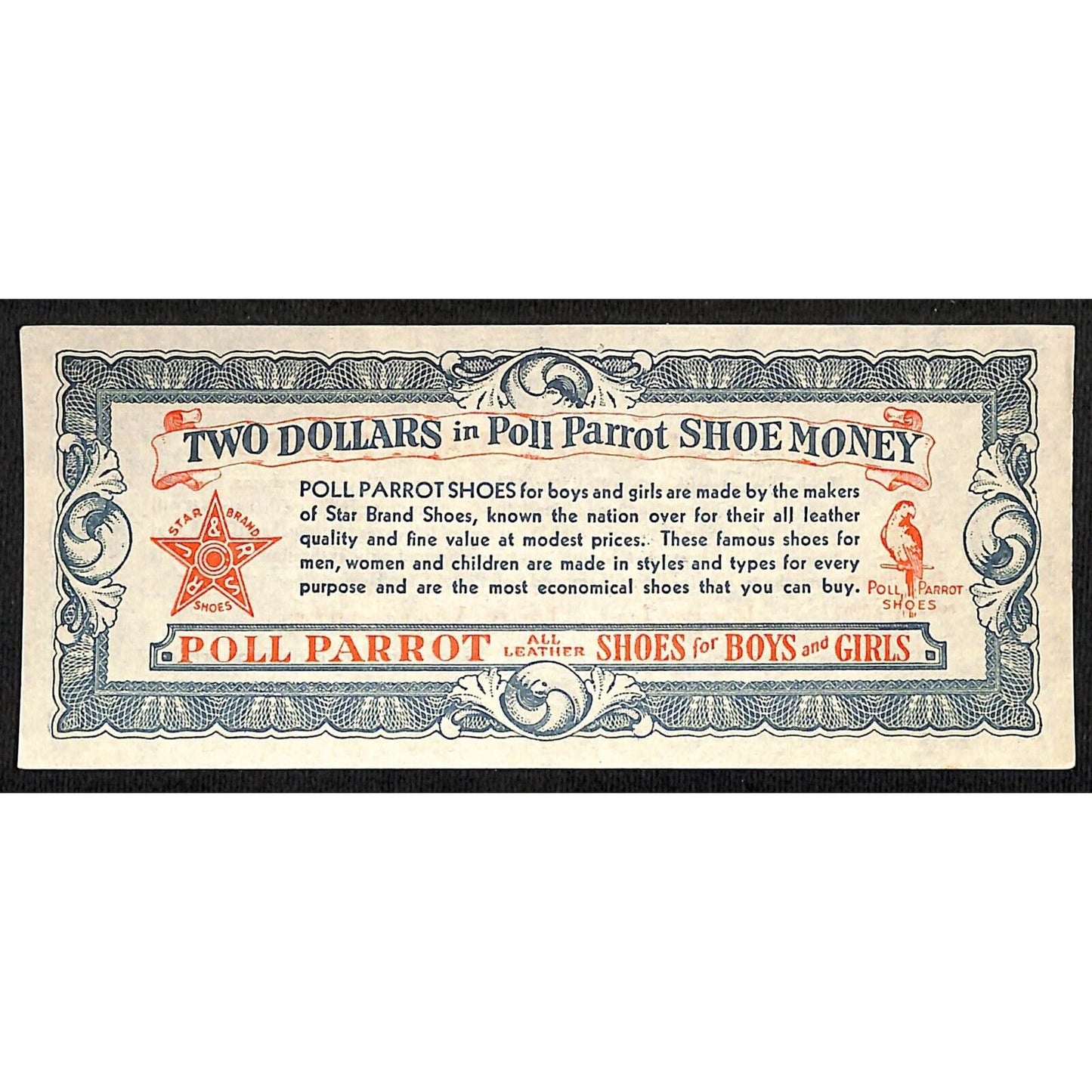 Poll Parrot Shoe Money Dealer $2 Off c1940's-50s Coupon Script 3pcs. VGC