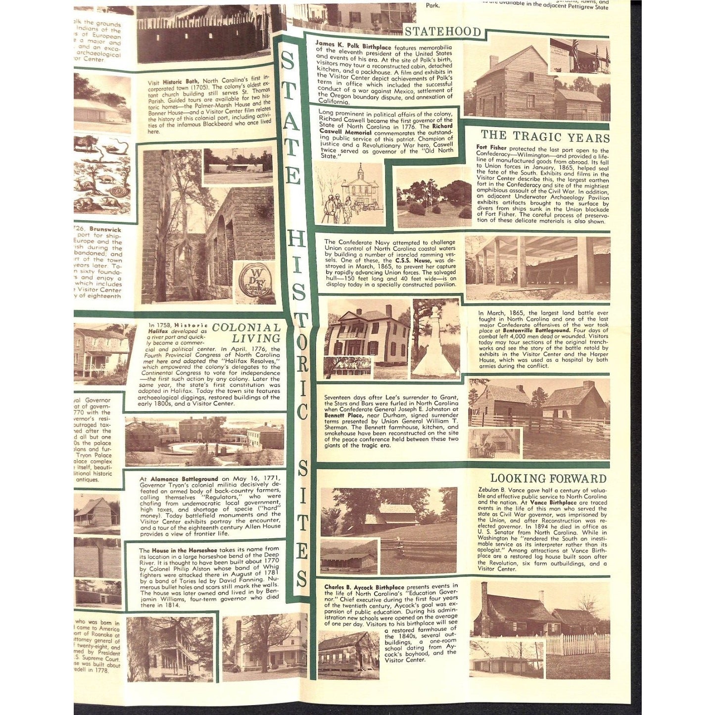North Carolina Historic Sites c1970 Fold-Out Travel Brochure 15" x 18" VGC