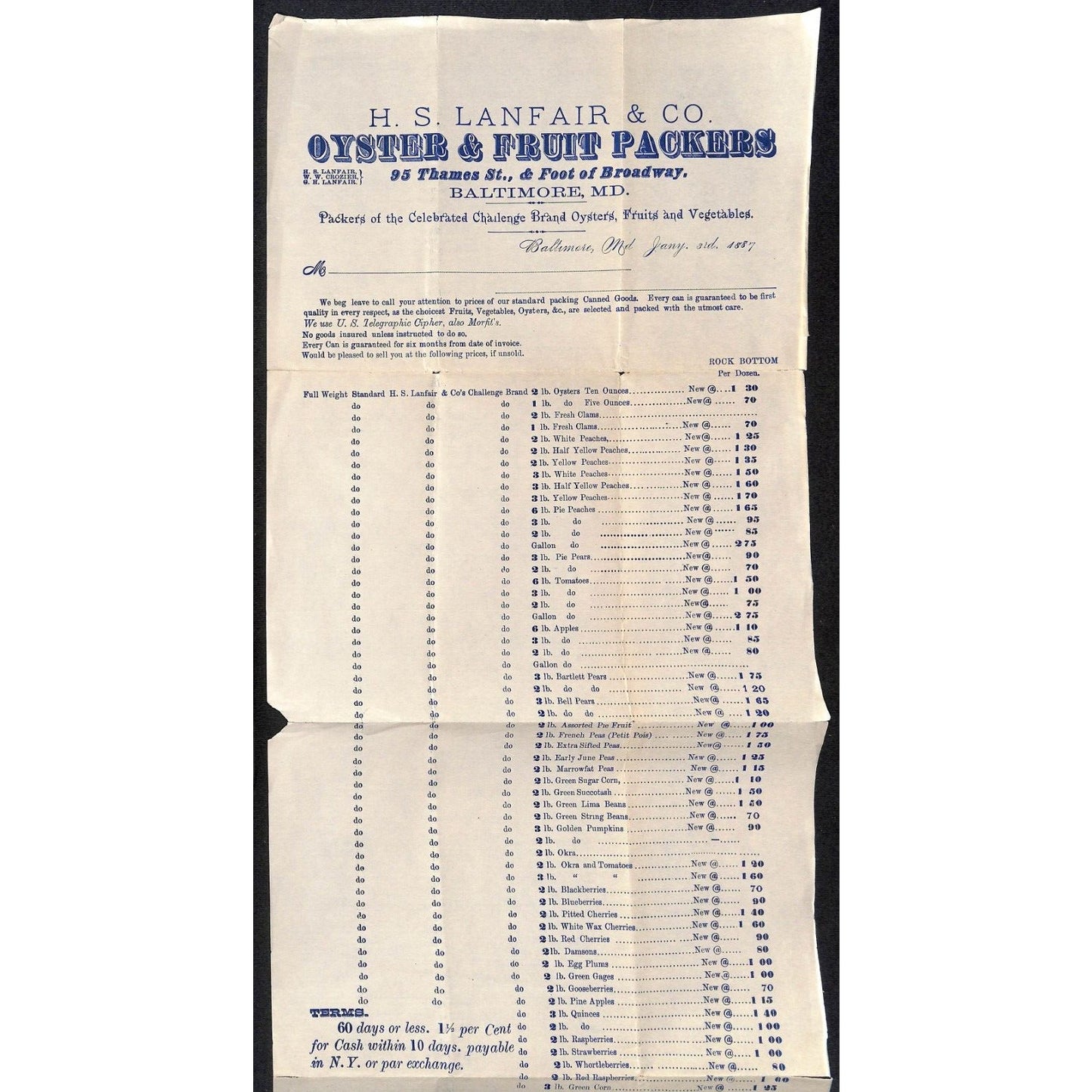 H.S. Lanfair & Co Baltimore Oyster & Fruit Packers 1893 Whsle Price Sheet Scarce