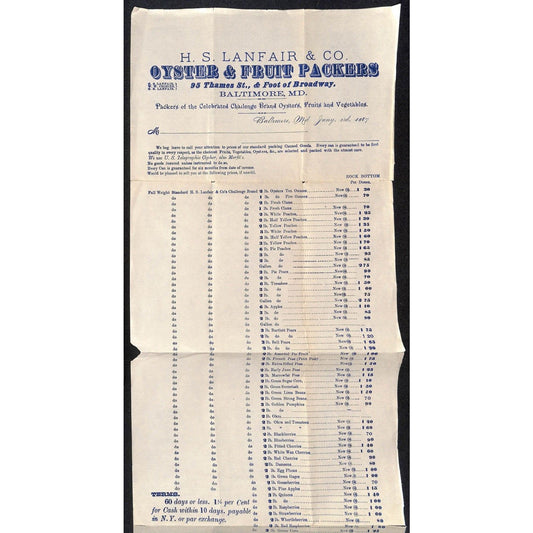 H.S. Lanfair & Co Baltimore Oyster & Fruit Packers 1893 Whsle Price Sheet Scarce