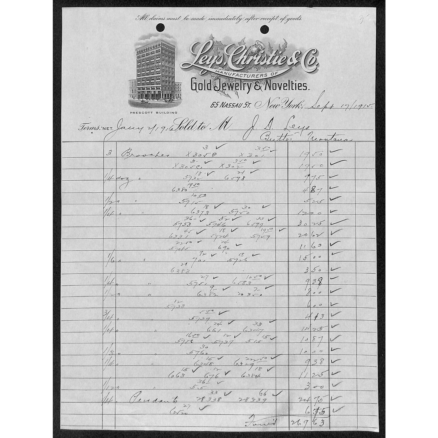 Leys, Christie & Co Nassau St. NYC / Butte, MT Gold Jewelry 1915 Billhead