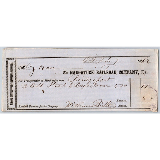 Naugatuck Railroad Co. Bridgeport Connecticut 1862 Receipt "Beth Steel I Bars?"