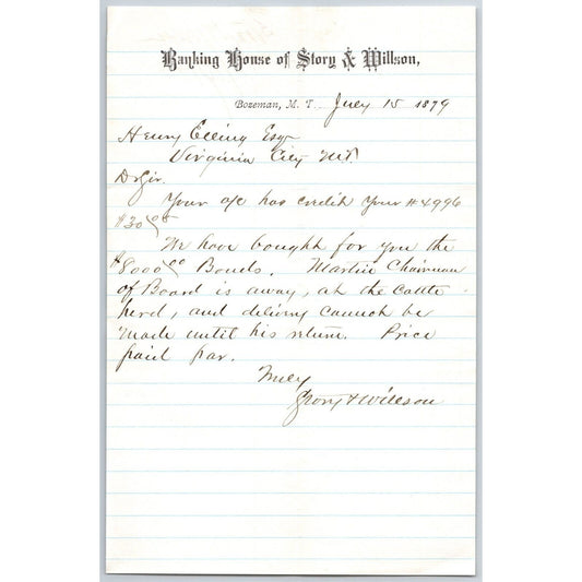 Banking House of Story & Nelson Bozeman, MT 7/15 1879 Letterhead Henry Elling*