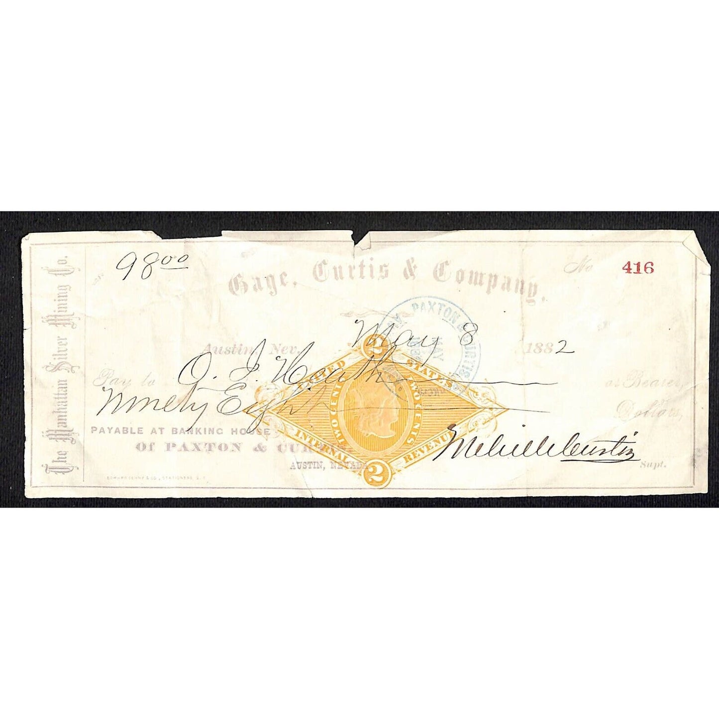Gage, Curtis & Company Manhattan Silver Mining 1882 Rev Stamped Bank Check