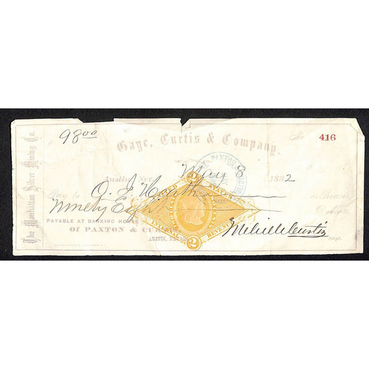 Gage, Curtis & Company Manhattan Silver Mining 1882 Rev Stamped Bank Check