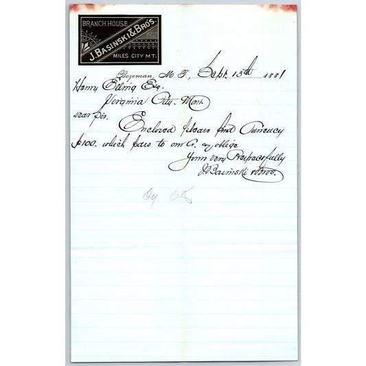 J. Basinski & Bros. Bozeman, MT (Dry Goods) 9/15 1881 Letterhead Henry Elling*