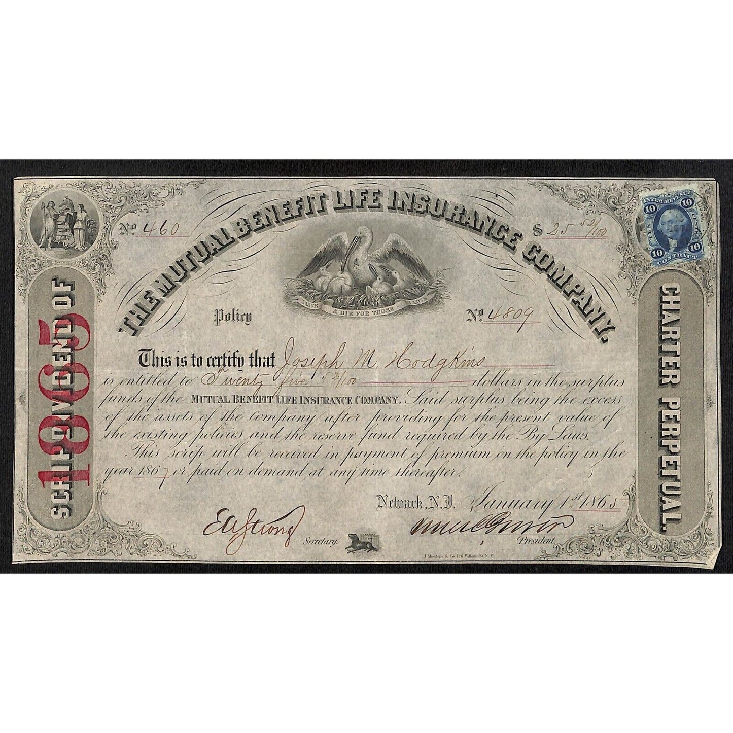Mutual Benefit Life Insurance Co 1865 Dividend Certificate to Joseph M. Hodgkins