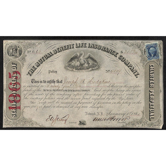 Mutual Benefit Life Insurance Co 1865 Dividend Certificate to Joseph M. Hodgkins
