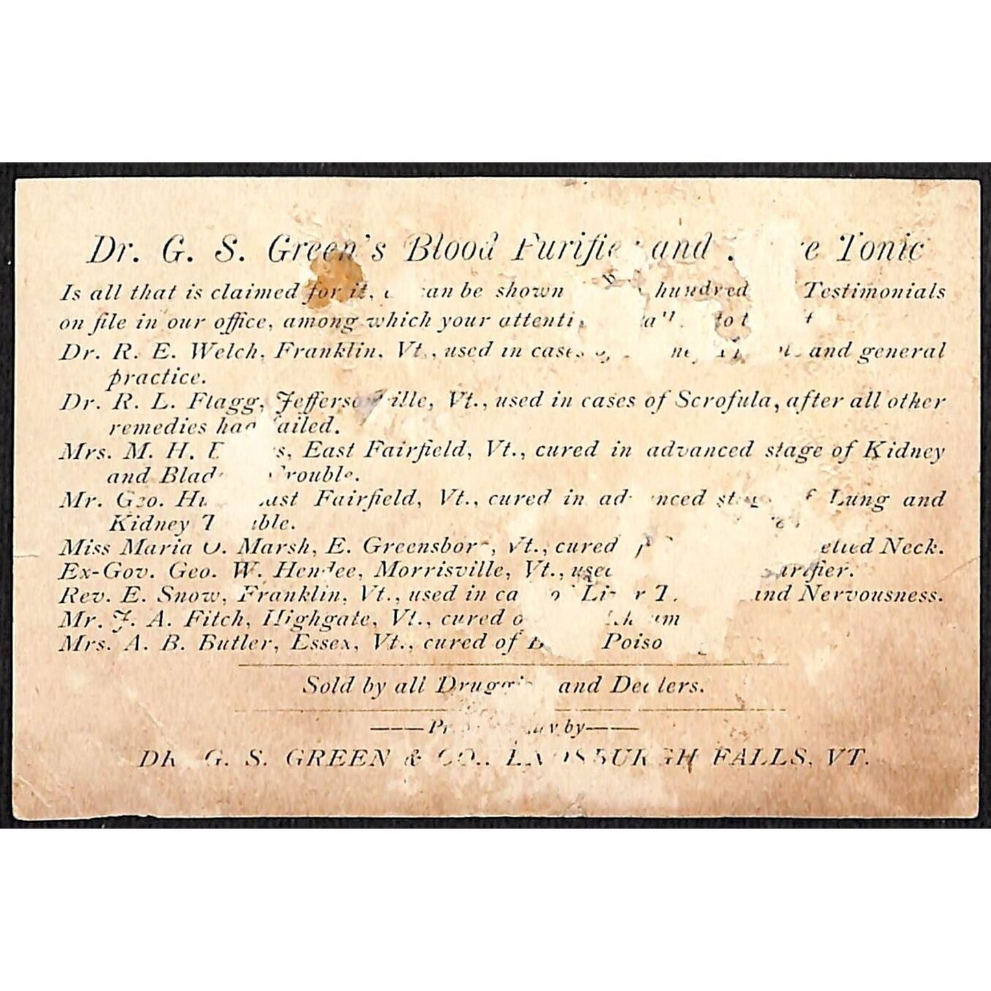 Dr. Green's Blood Purifier and Nerve Tonic Victorian Trade Card Quack Medicine