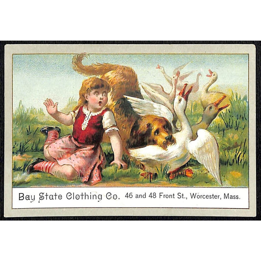 Bay State Clothing Co. Worcester, MA Victorian Trade Card Girl w/ Dog Geese