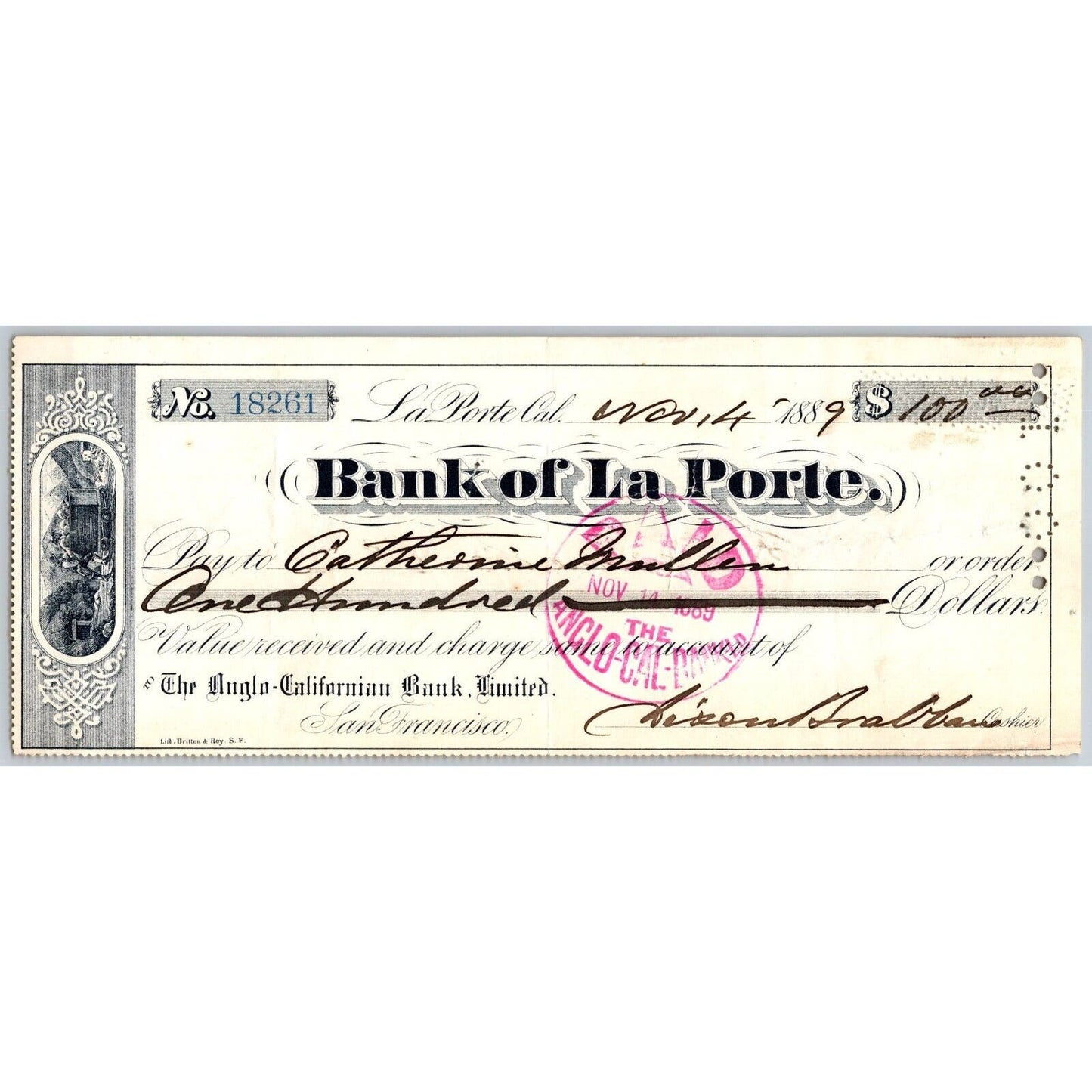 Bank of La Porte Check Catherine Mullin ? 1889 Mining Vignette #18261