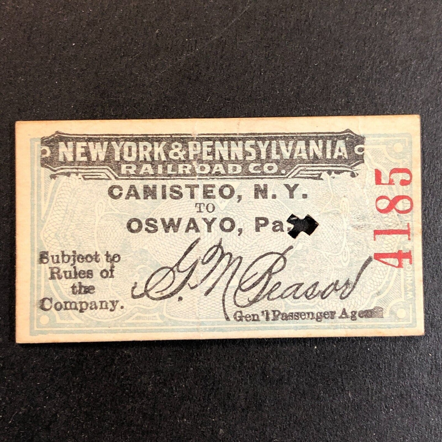 New York & Pennsylvania Railroad July 14 1917 Oswayo Ticket #4185 Scarce