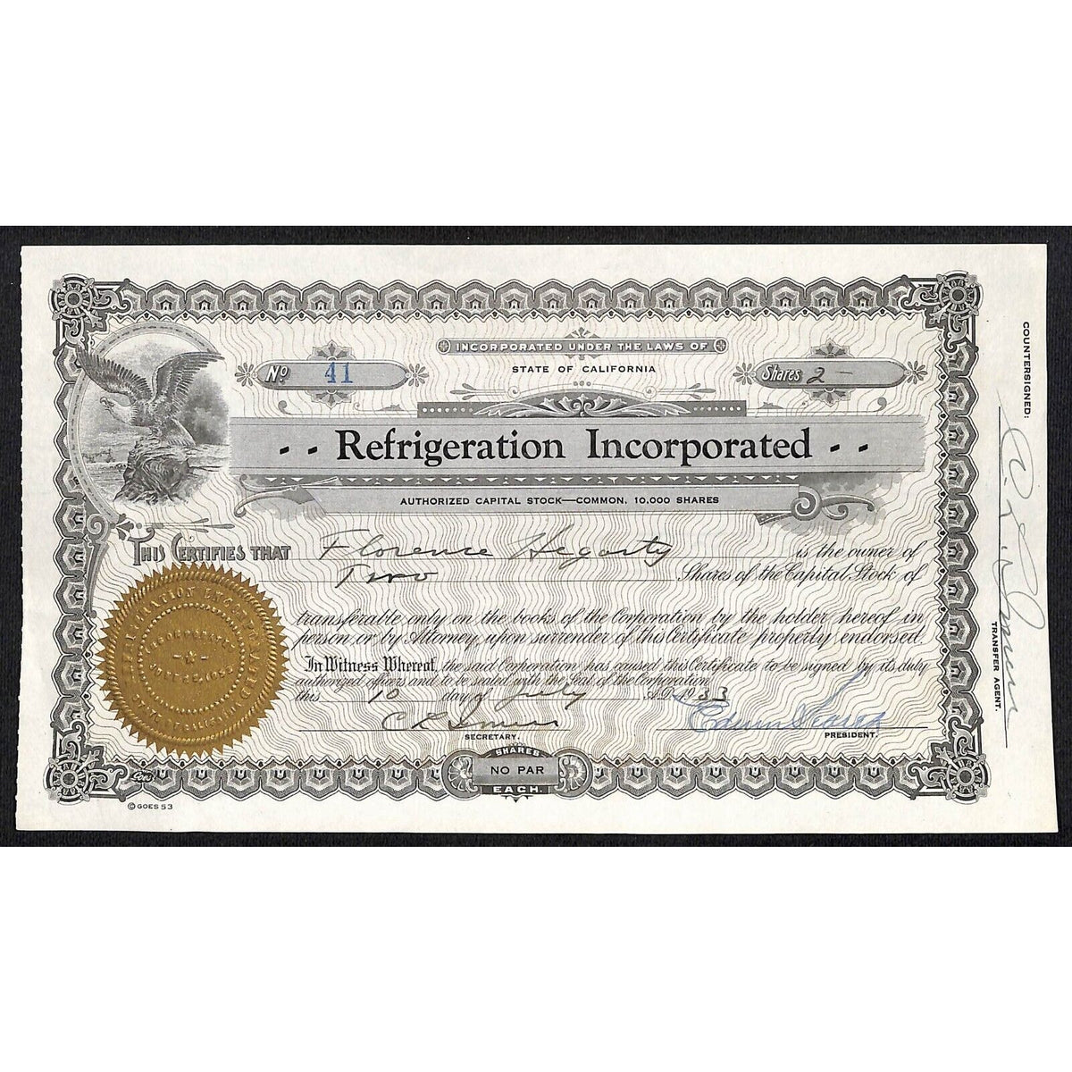 Refrigeration Incorporated CA 1933 Stock Certificate Florence Hagerty #41