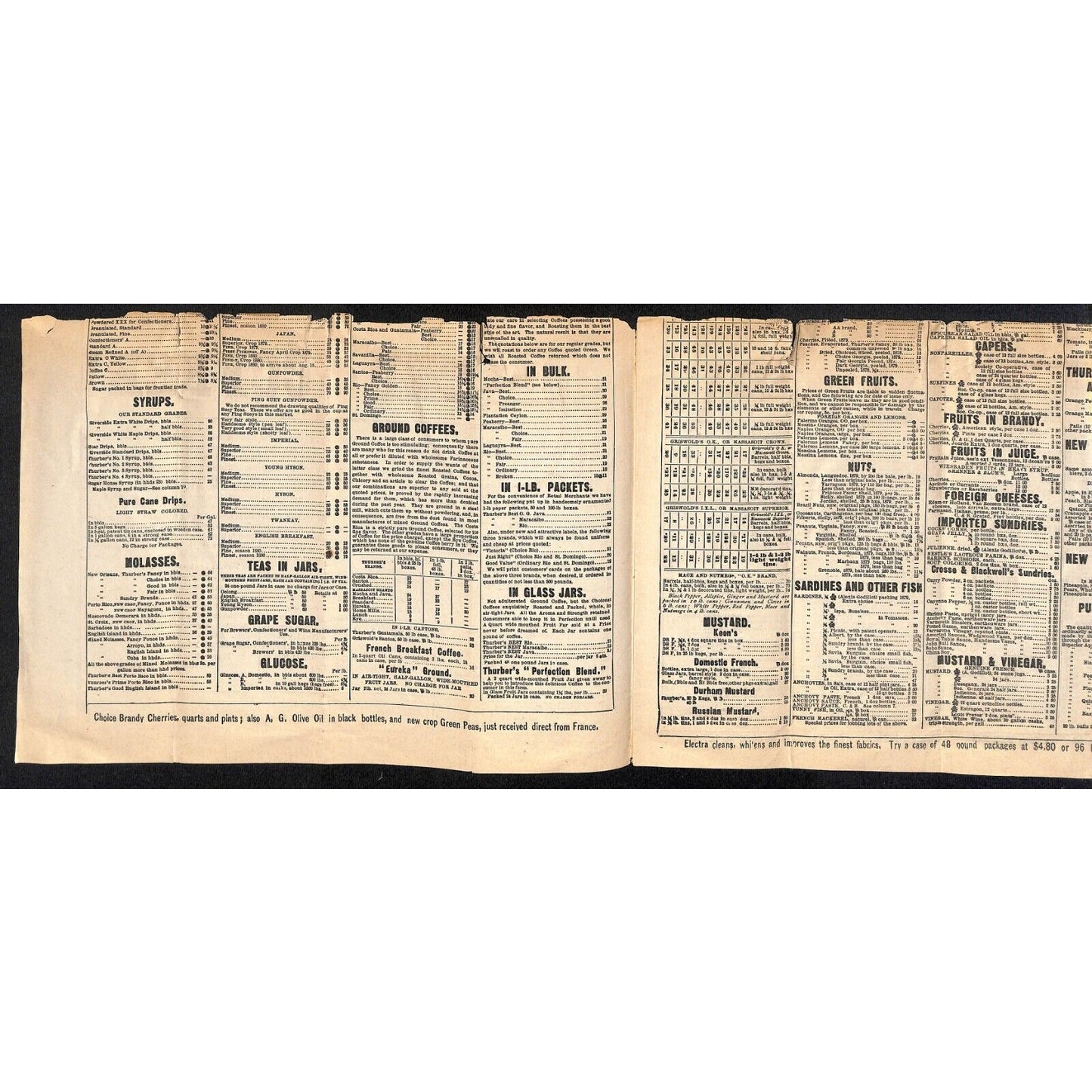 H.K. & F.B. Thurber & Co NYC 1880 Newspaper-Style Whsl. Food Price List TORN*
