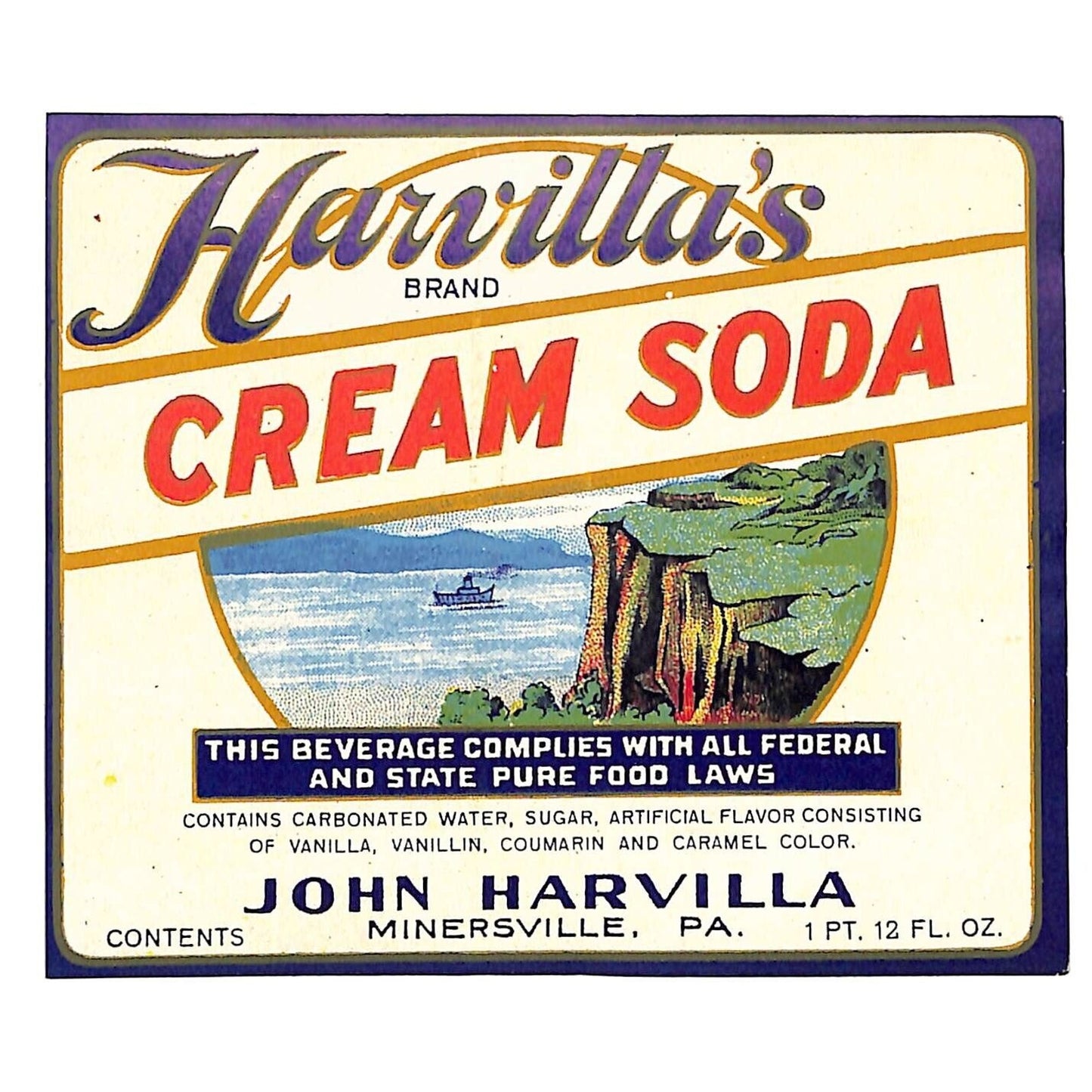 Harvilla's Cream Soda Label John Harvilla Minersville, PA c1937-40's Cliffs Sea