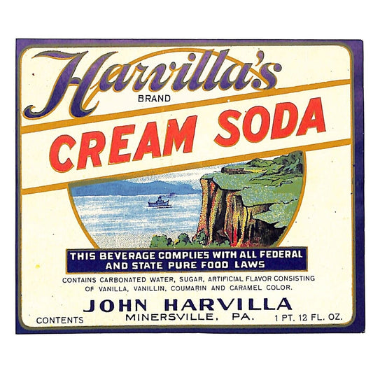 Harvilla's Cream Soda Label John Harvilla Minersville, PA c1937-40's Cliffs Sea