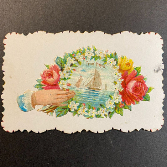 "Albert Caya" Victorian Hidden Name Card "True Love" Sails Boats on Water