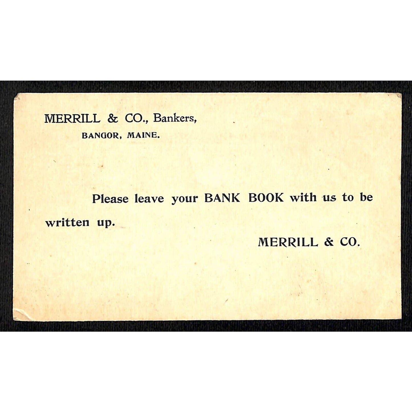 Merrill & Co., Bankers c1901 Postal Card Postcard re: Bank Book Knowlton*