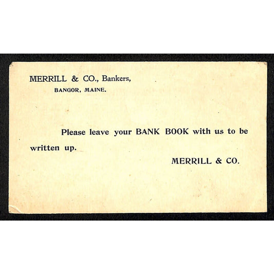 Merrill & Co., Bankers c1901 Postal Card Postcard re: Bank Book Knowlton*