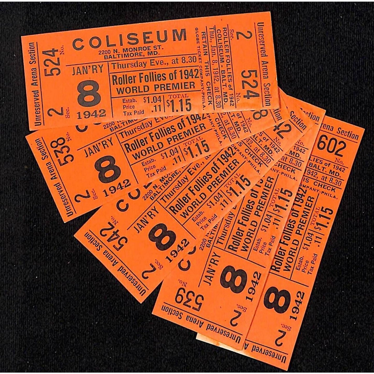 5 Baltimore Coliseum "Roller Follies of 1942 World Premier" Tickets