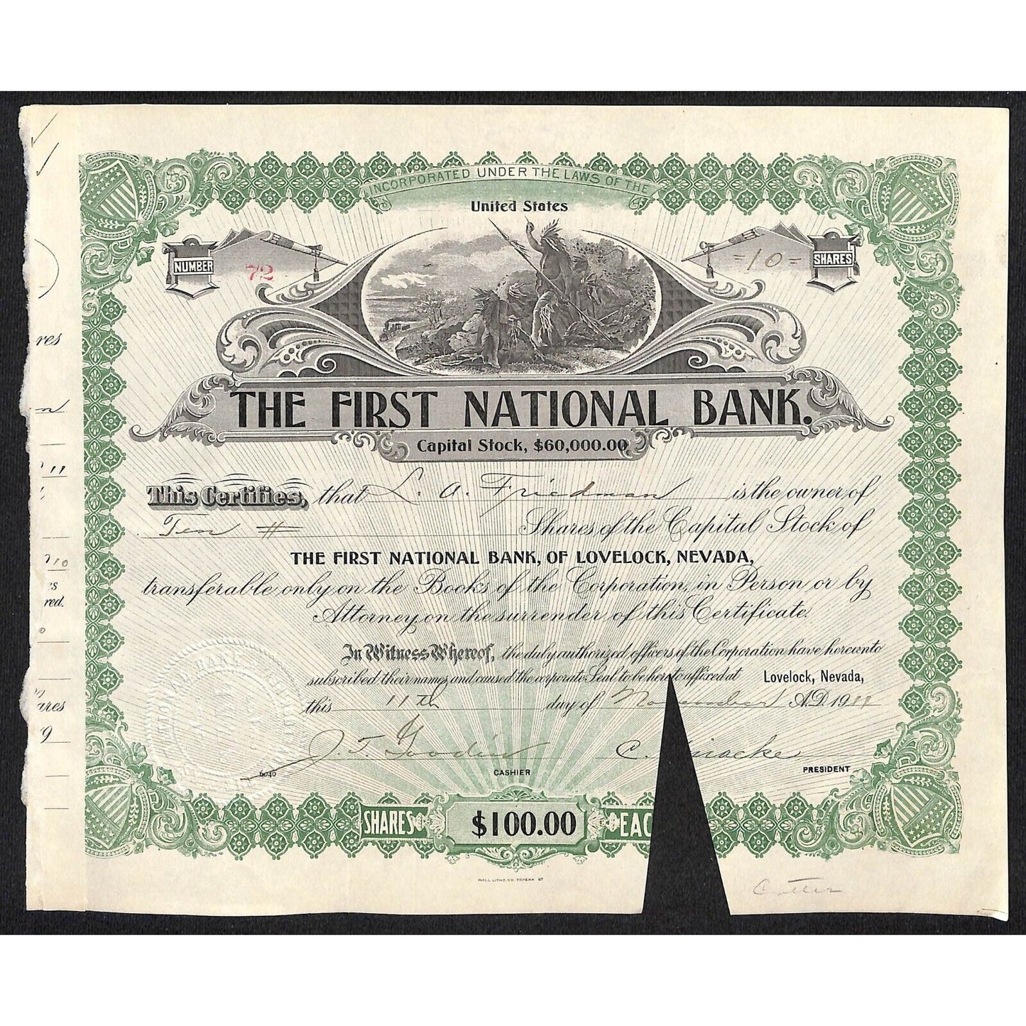 First National Bank of Lovelock, NV 1911 Stock Certificate to L.A. Friedman *