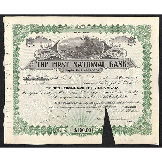 First National Bank of Lovelock, NV 1911 Stock Certificate to L.A. Friedman *