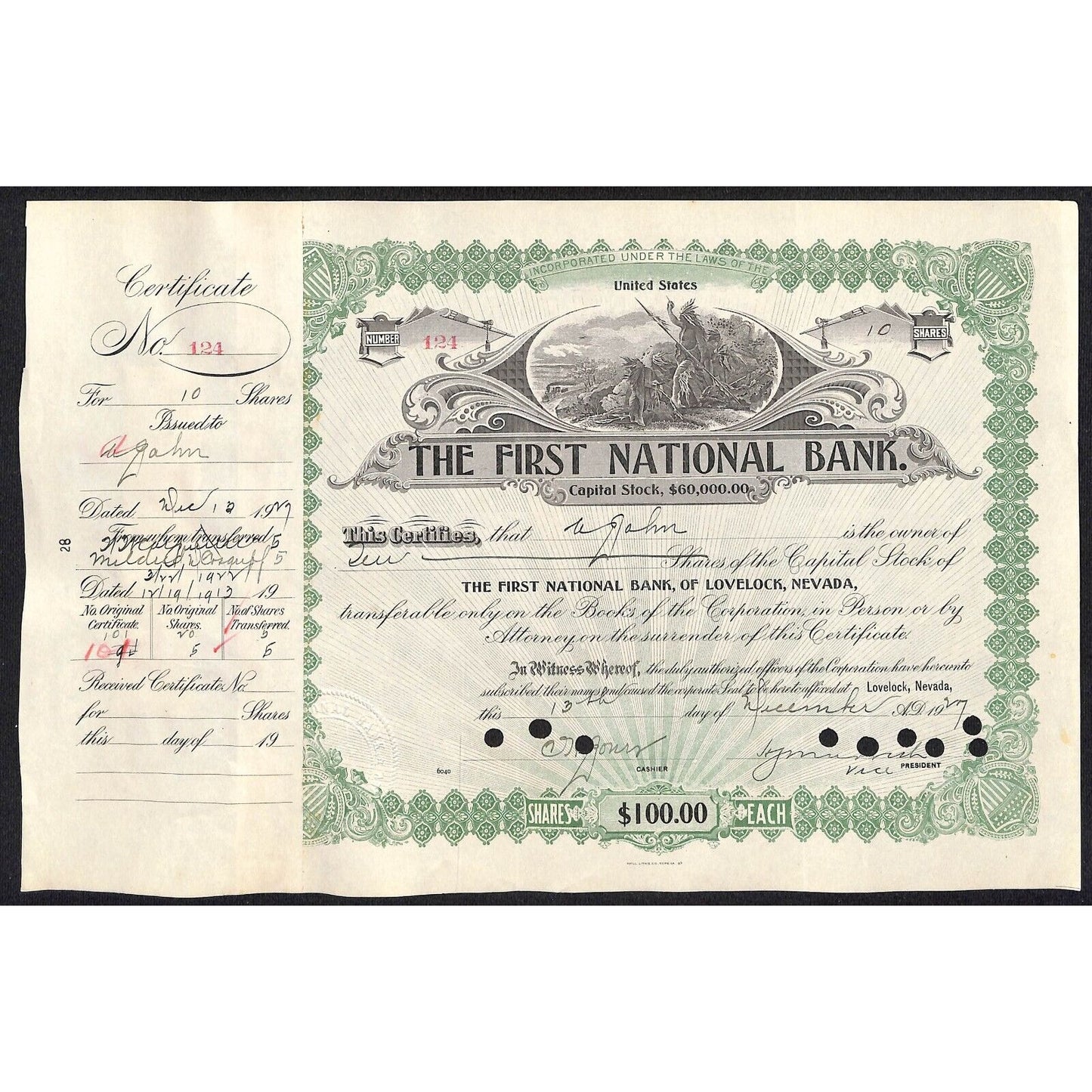 First National Bank of Lovelock, NV 1927 Stock Certificate to A. Jahn #124