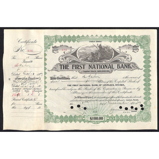 First National Bank of Lovelock, NV 1927 Stock Certificate to A. Jahn #124