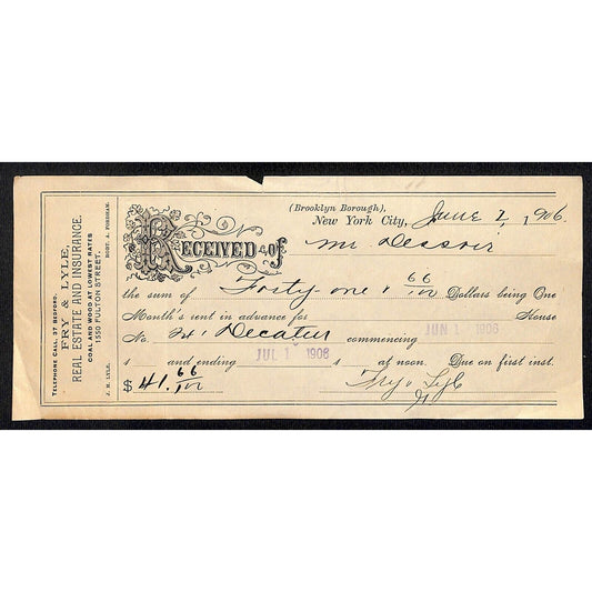 Fry & Lyle Real Estate Coal & Wood Fulton St. Brooklyn, NY 1906 - Receipt