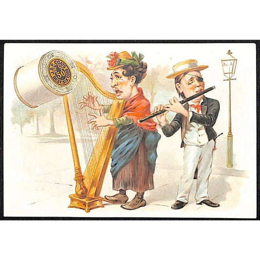J & P Coats Thread Victorian Trade Card 1890 Calendar Harp & Flute Players