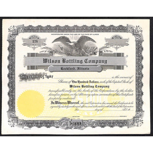 Wilson Bottling Co. Rockford, IL (Twin Lights) c1940's Stock Certificate #178