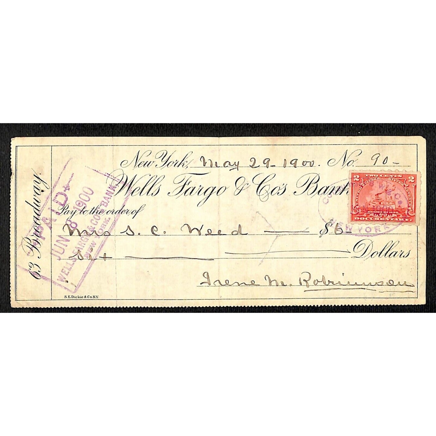 1900 Wells Fargo & Co Bank 63 Broadway NYC Check #90 w/ Rev Stamp S.C. Weed