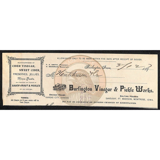 Burlington Vinegar & Pickle Works HJ Hutchinson Decorah, IA* Cut 1897 Billhead