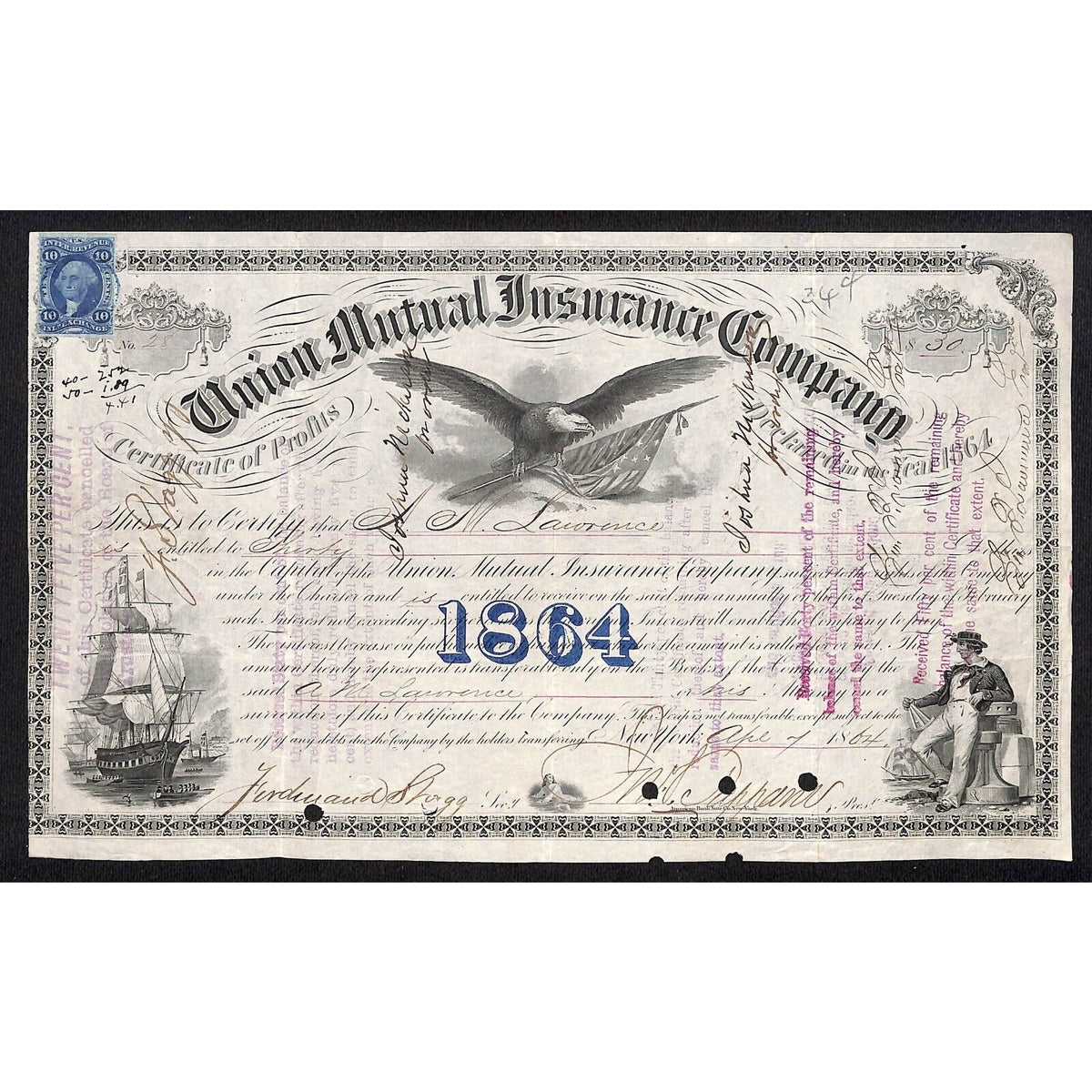 Union Mutual Insurance Co. NY 1864 Stock Certificate A.M. Lawrence w/ Tax Stamp