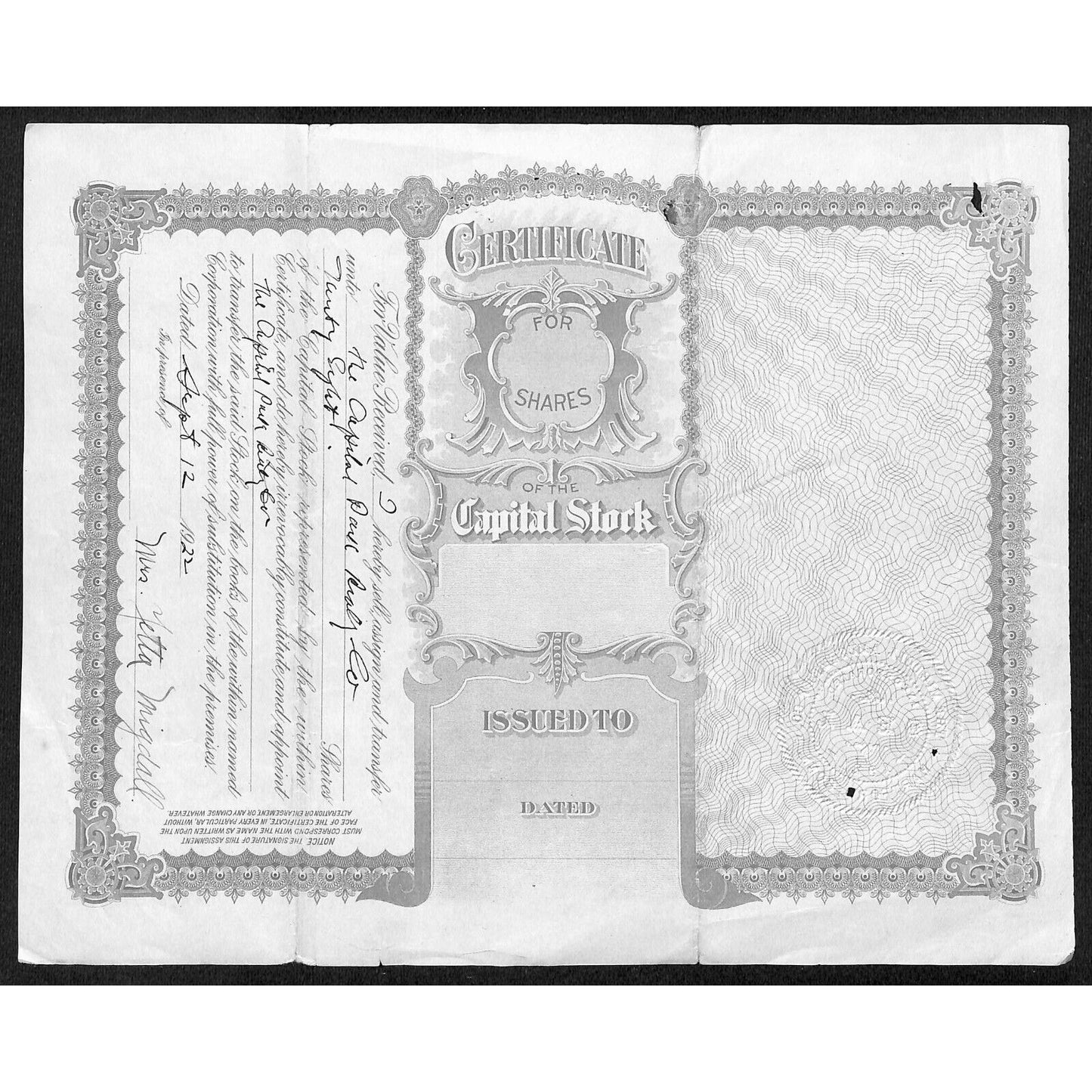 Migdoll Amusement Company Hartford, CT 1922 Stock Certificate #1 ? Scarce