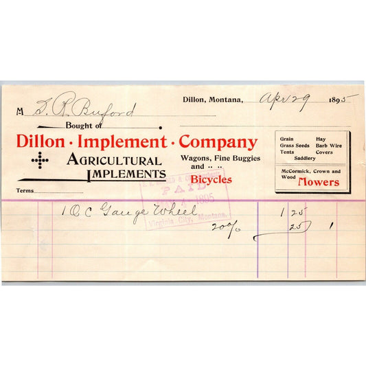 Dillon MT Dillon Implement Apr 1895 Bicycles Billhead S.R. Buford* Virginia City