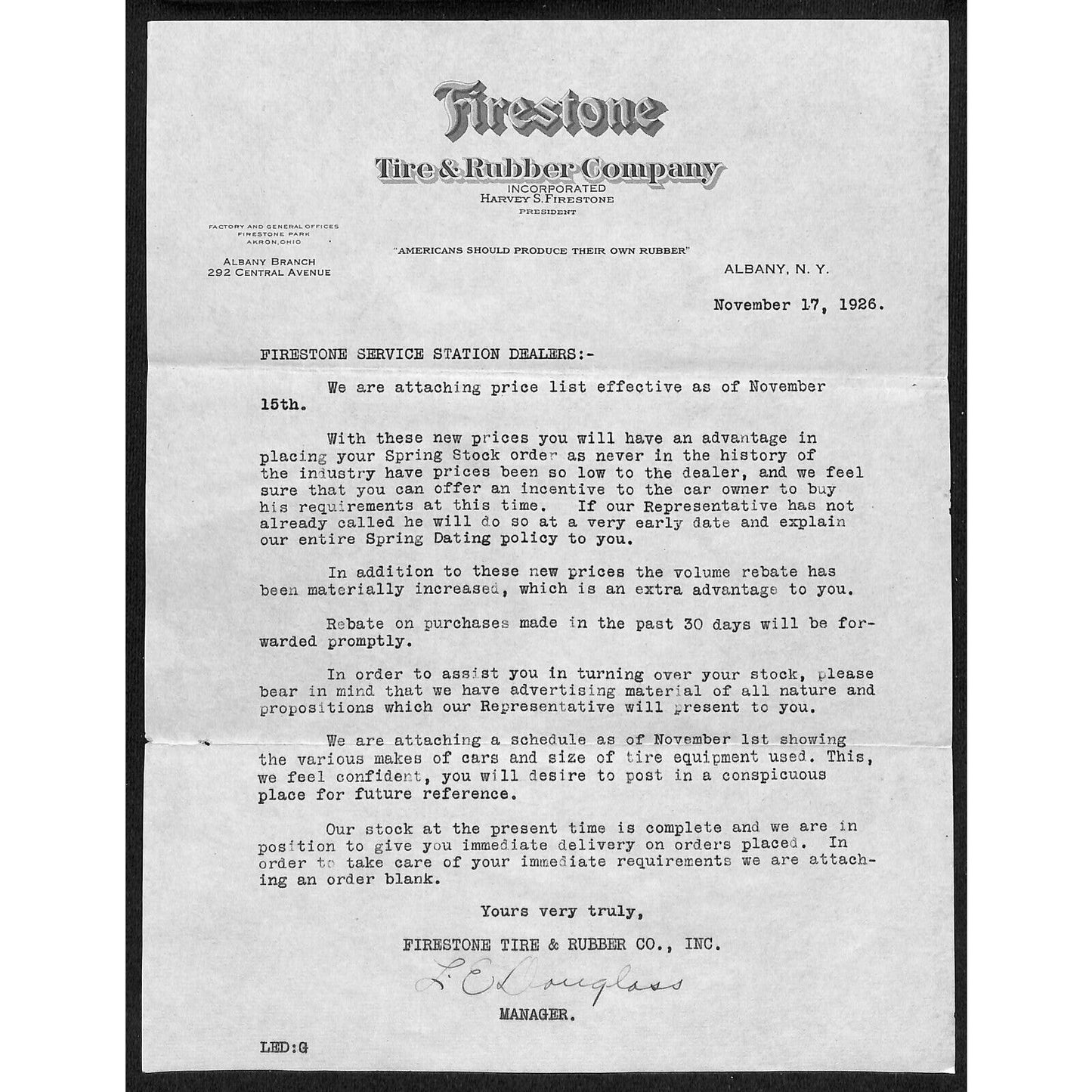 Firestone Tire & Rubber Co. Albany, NY 1926 TLS Letterhead re: New Price List
