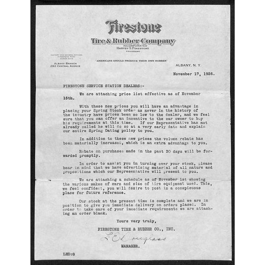 Firestone Tire & Rubber Co. Albany, NY 1926 TLS Letterhead re: New Price List