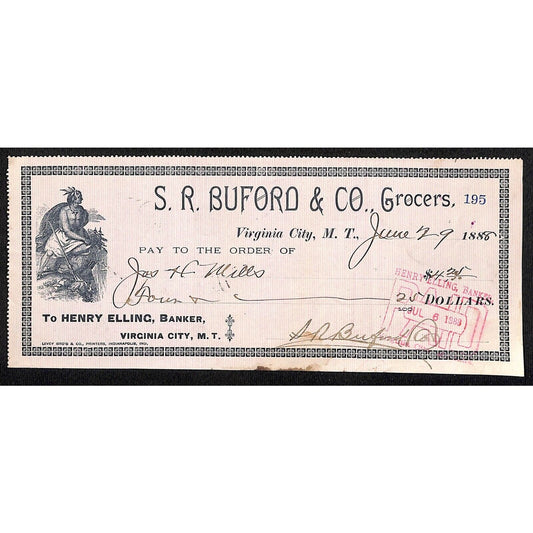 1888 Henry Elling Virginia City Montana Territory S.R. Buford Grocers Check #195