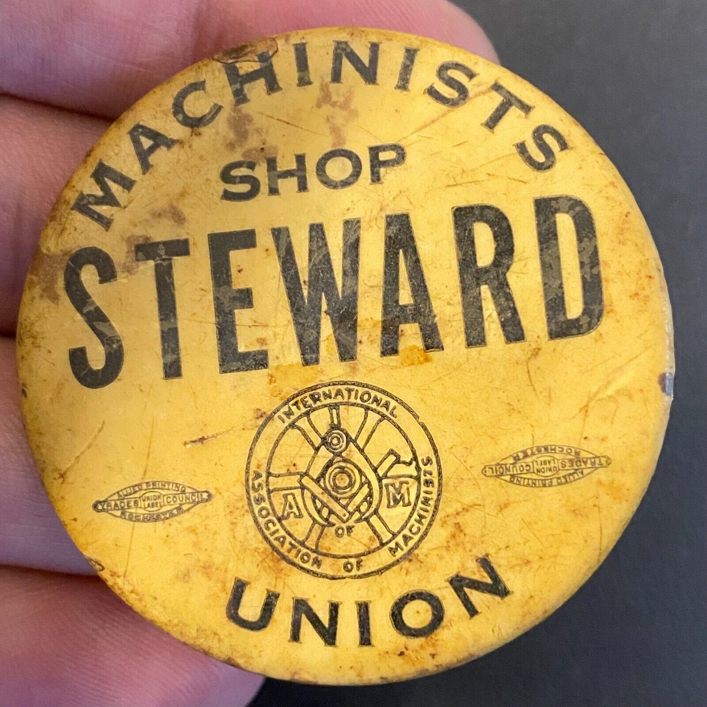 Machinists Shop Steward Union Steel Litho Pinback 1 5/8" c1940's-60's Bastian
