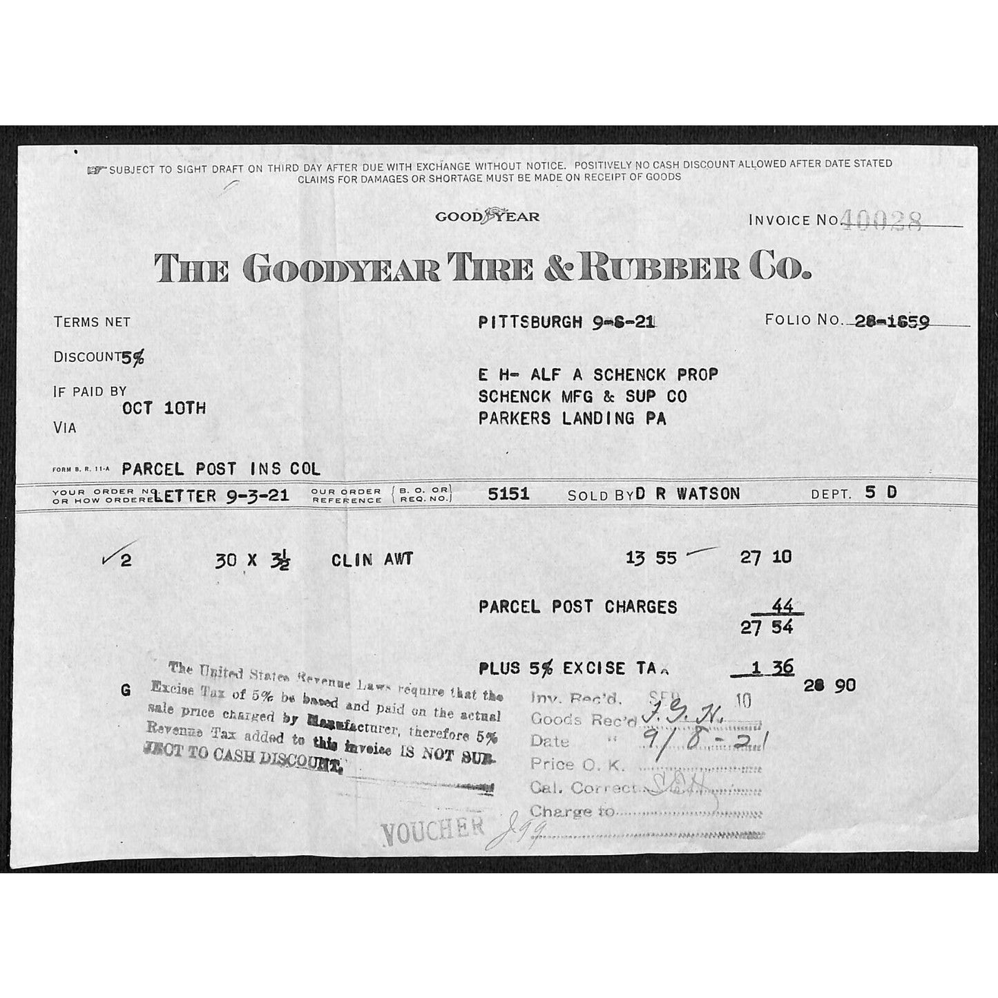 Goodyear Tire & Rubber Co Schenck Mfg Parkers Landing, PA 9/3 1921 Billhead